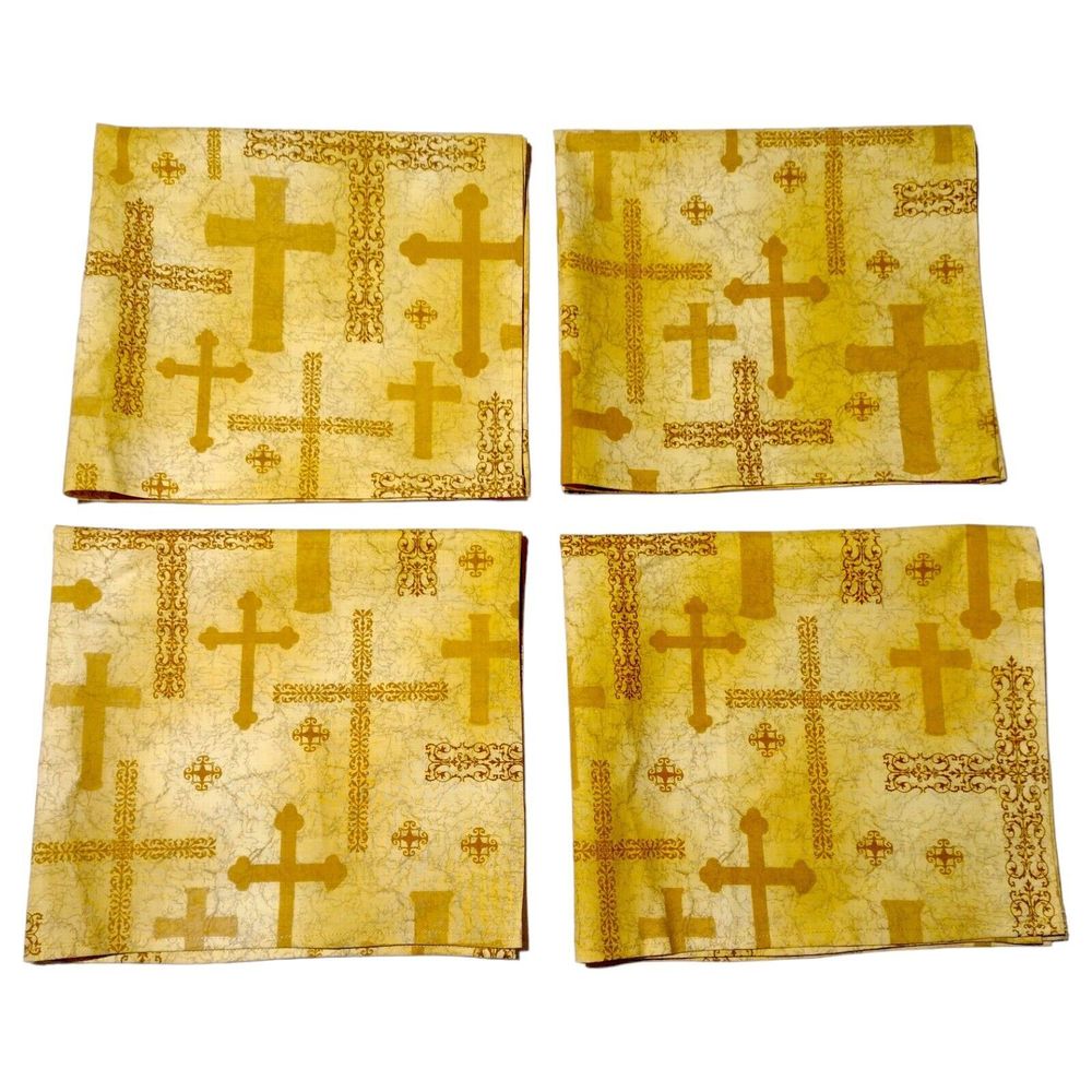 Ornate Gold Crosses Linen Tea Towel Napkin Set of 4 Christian Handmade 18x21"
